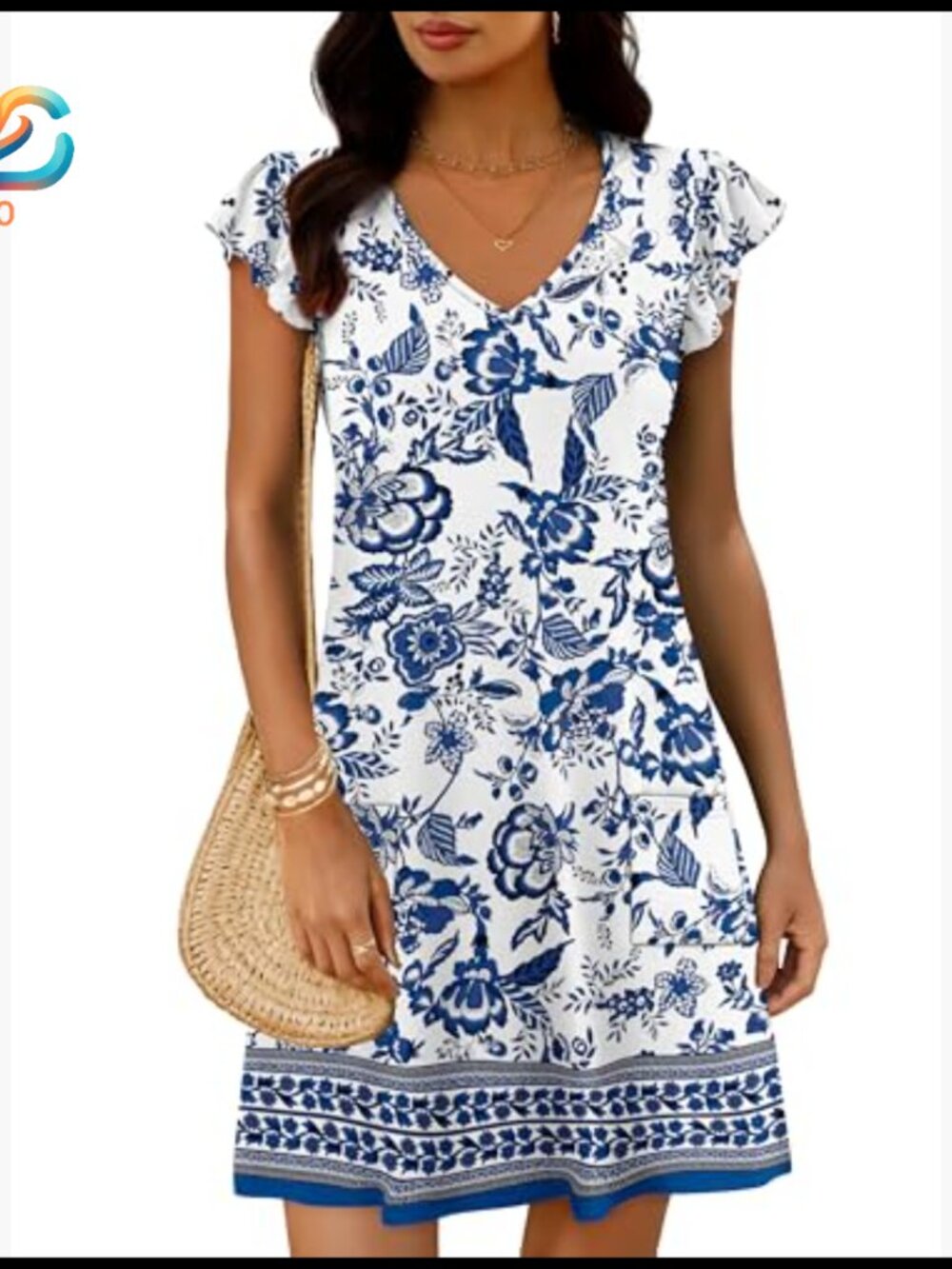 Knee-Length Swing Dress with Ruffle Sleeves and Pockets, Loose Fit - Picture 3 of 7